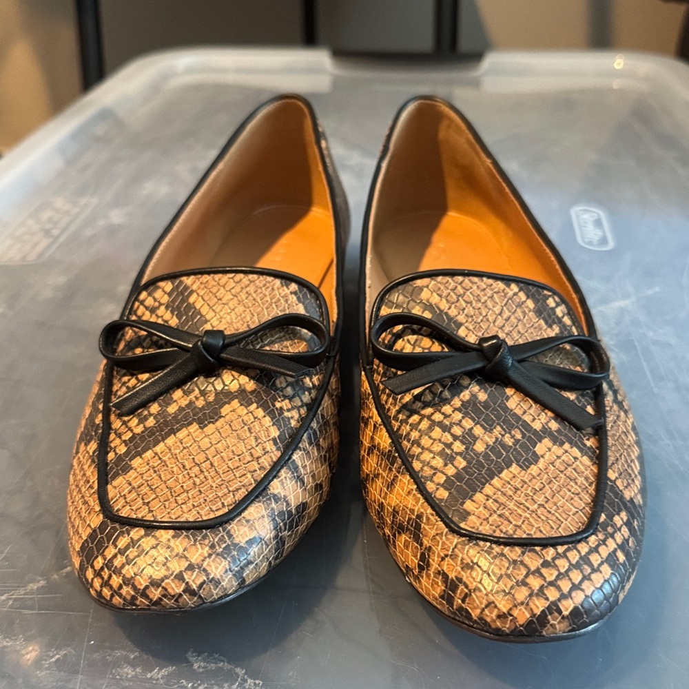 J. Crew Snakeskin Loafers with Black Bow